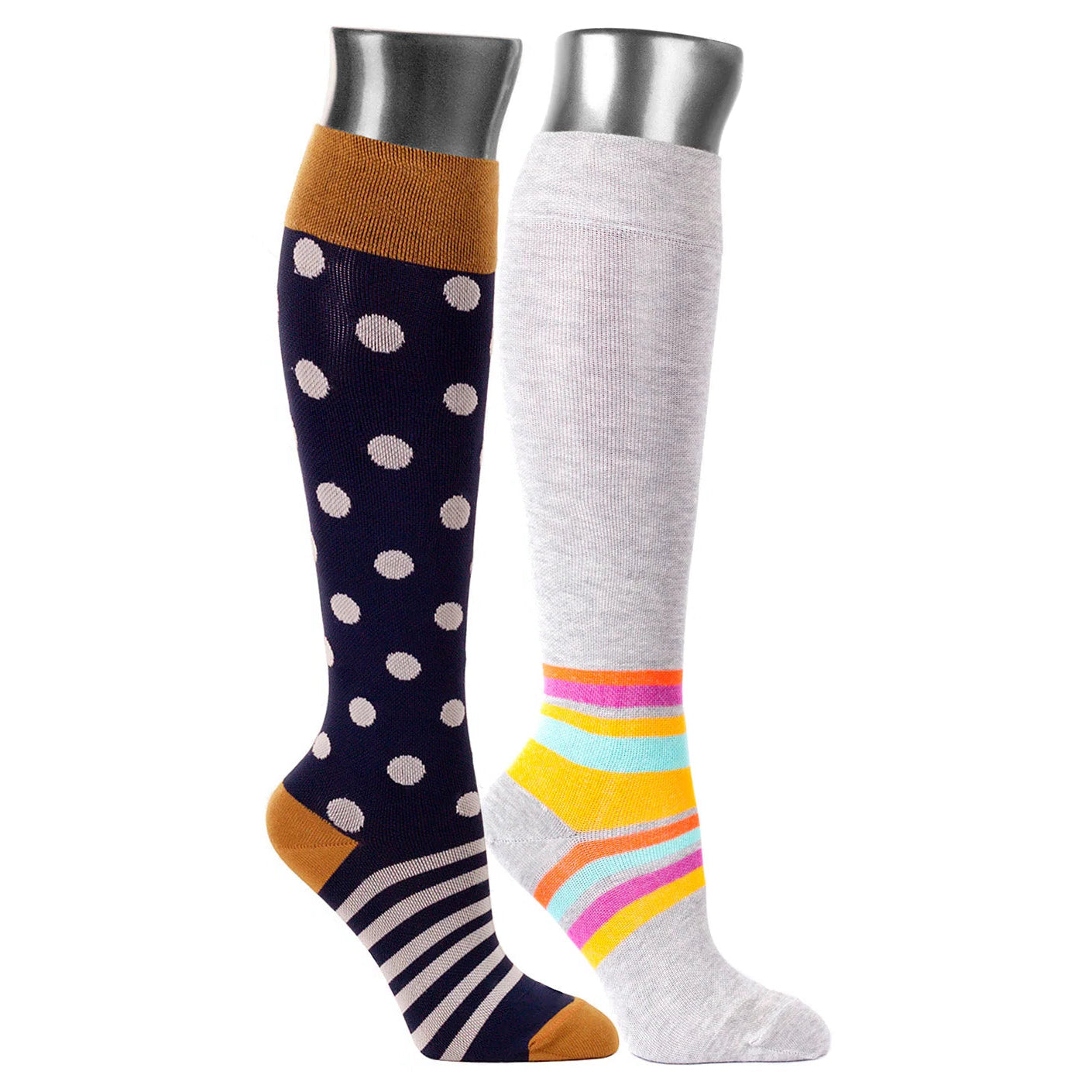 Two pairs of knee-high socks with colorful patterns on a white background