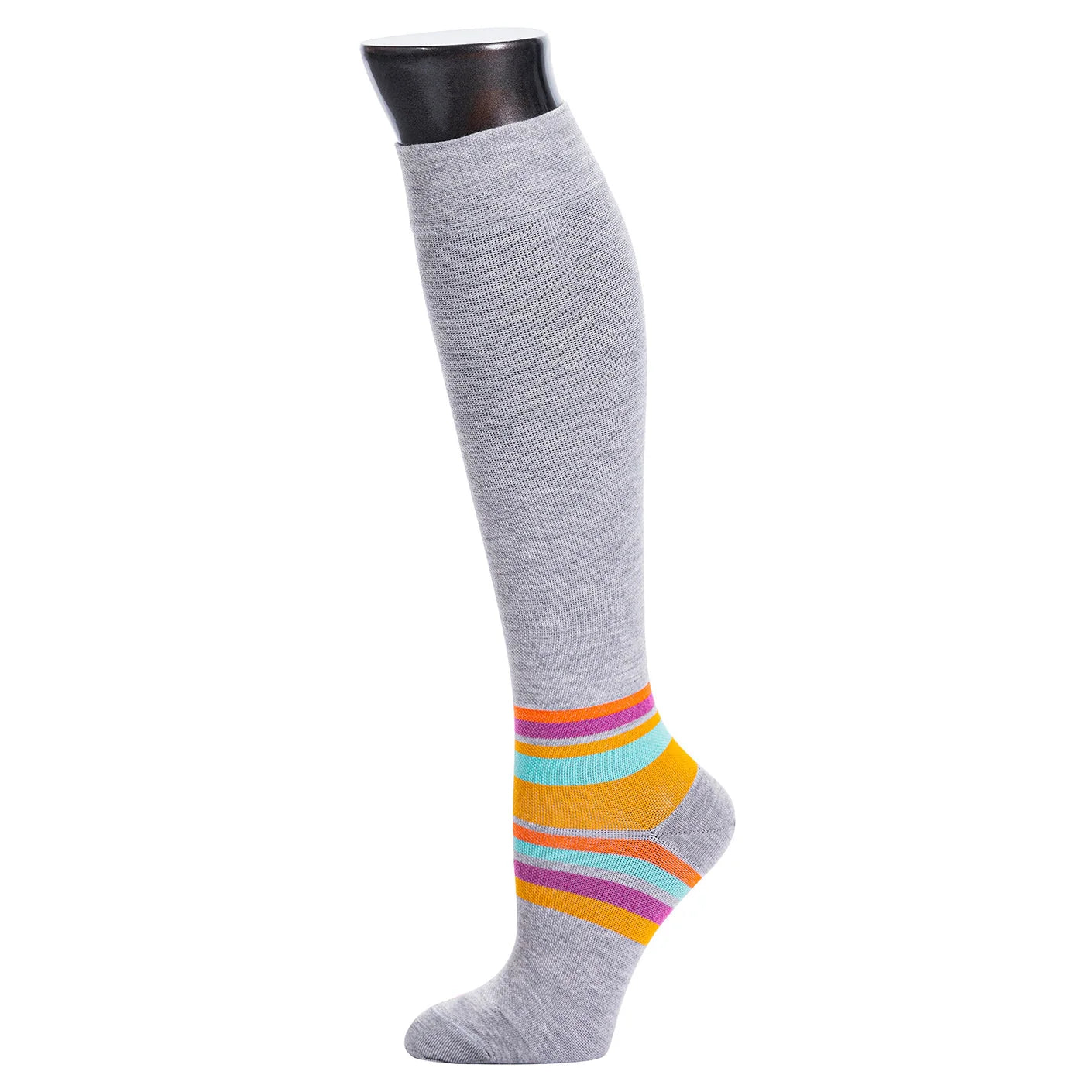 Gray knee-high sock with colorful stripes on a white background