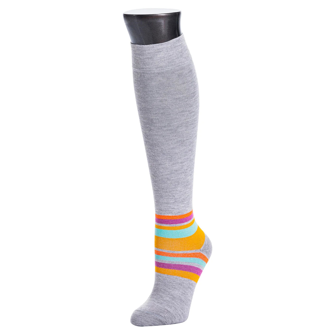 Gray knee-high sock with colorful stripes on a white background