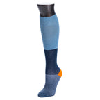 Knee-high sock with blue and navy pattern on a white background