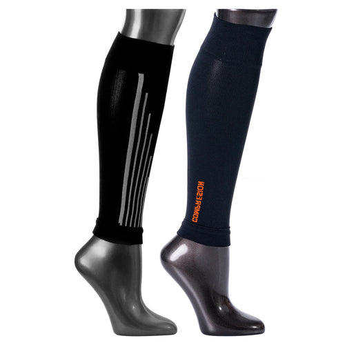 Black compression socks with visible branding on a white background
