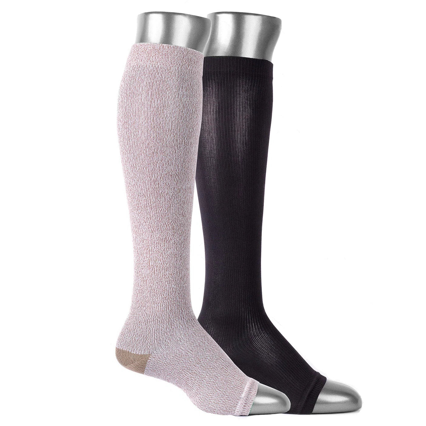 Two pairs of knee-high socks, one black and one pink, on a white background.