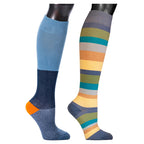 Two pairs of knee-high socks with colorful patterns on a white background
