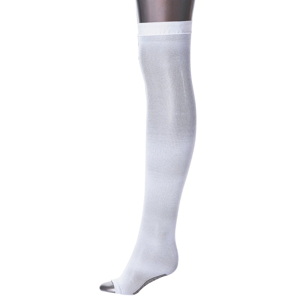 White knee-high sock on a mannequin leg against a white background
