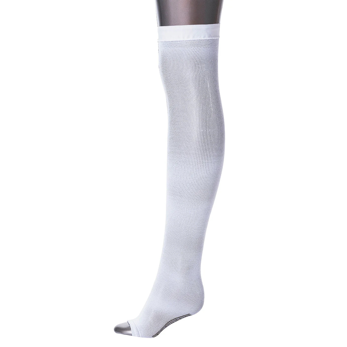 White knee-high sock on a mannequin leg against a white background