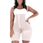 Woman wearing a white body shaper on a white background