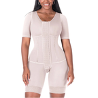Woman wearing a beige body shaper on a white background