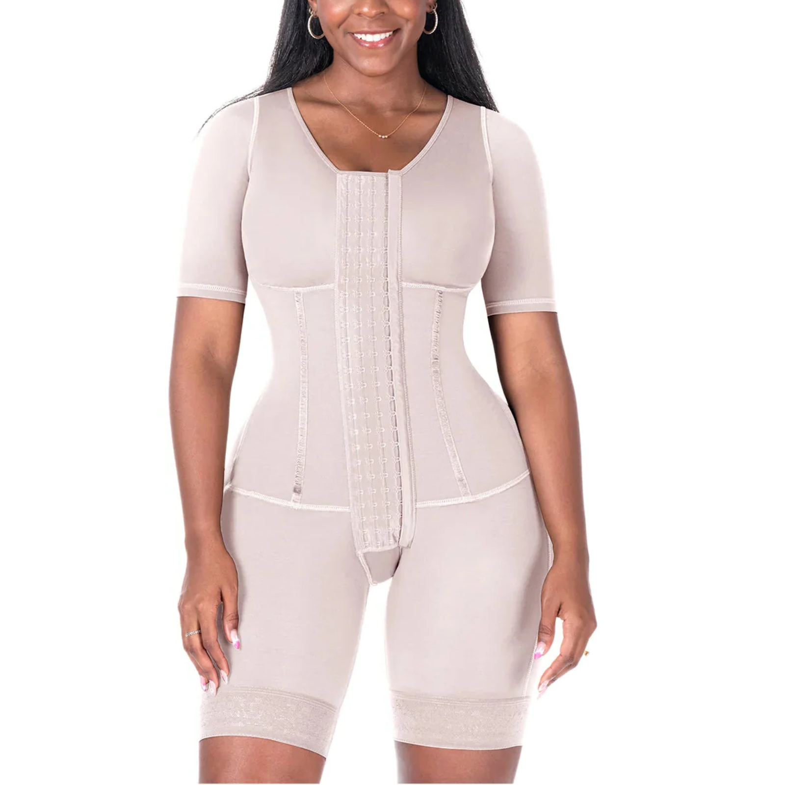 Woman wearing a beige body shaper on a white background