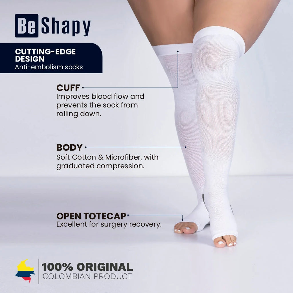 White compression socks with features highlighted on a gray background, featuring the brand 'Be Shapy'.