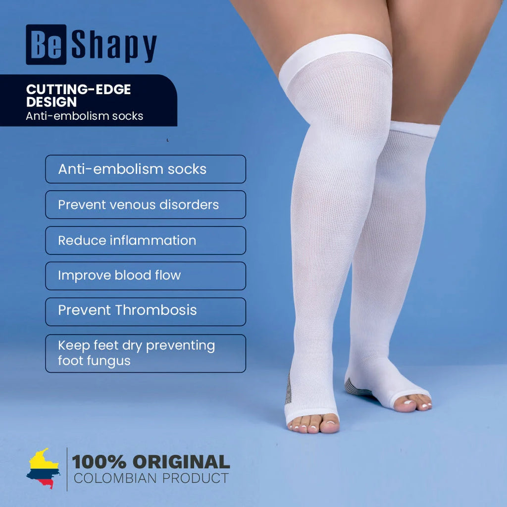 White anti-embolism socks on a person's legs with product features listed on a blue background.
