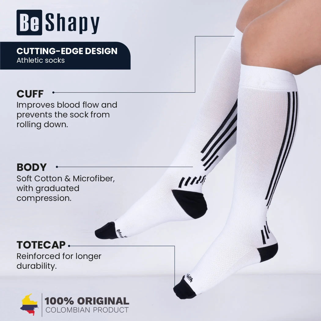 White athletic socks with black stripes on a light gray background, featuring text about sock design and features.