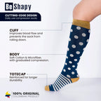 Compression sock with labeled parts on a white background, featuring 'Be Shapy' branding.