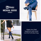 Advertisement for Be Shapy medical socks with text and images of people wearing the socks.