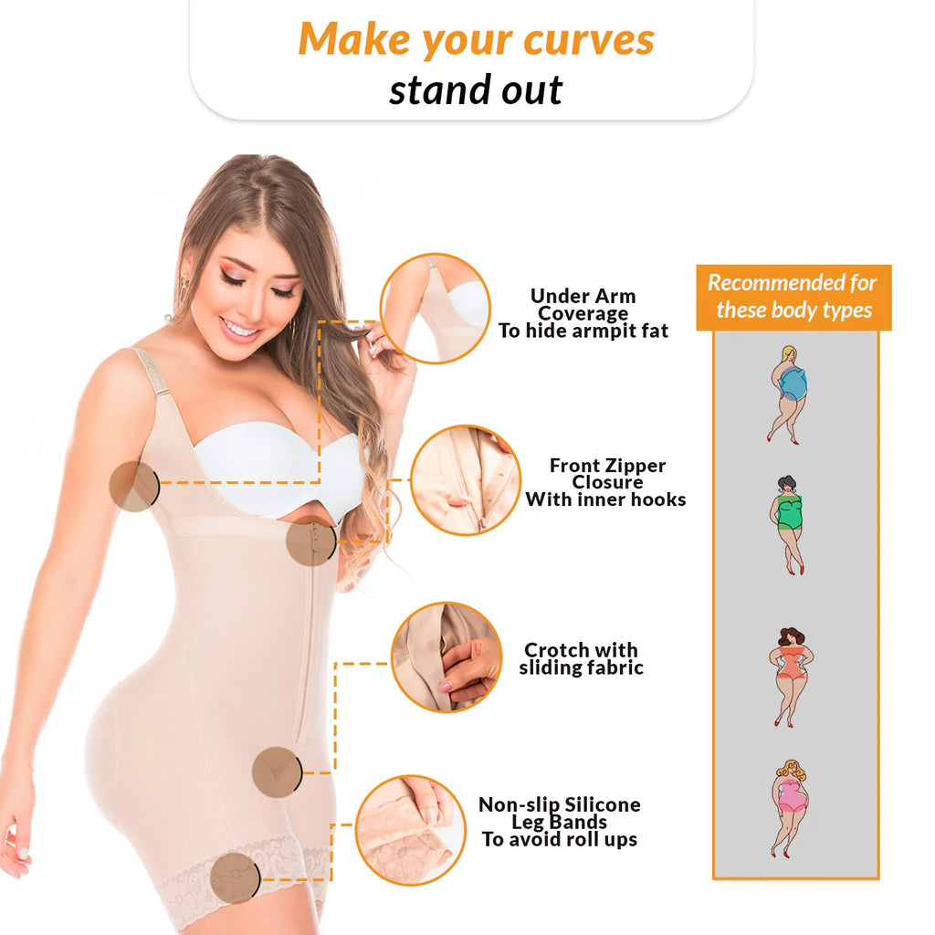 Beige shapewear with underarm coverage, front zipper, sliding crotch, and non-slip silicone leg bands for comfort and support
