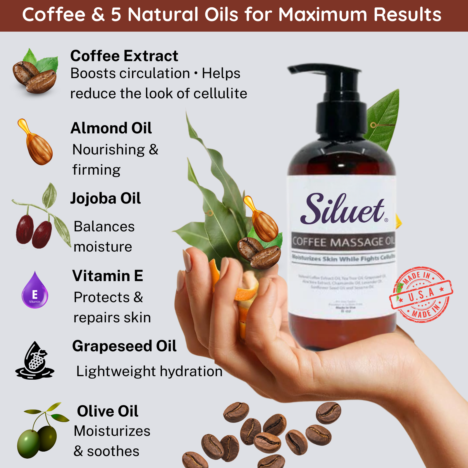 Siluet Coffee Massage Oil – Anti-Cellulite, Stretch Mark & Skin Firming (8 oz)