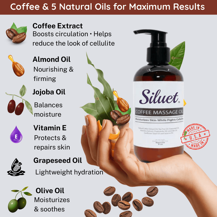 Siluet Coffee Massage Oil – Anti - Cellulite, Stretch Mark & Skin Firming (8 oz) - Colombian Shapewear | Siluets