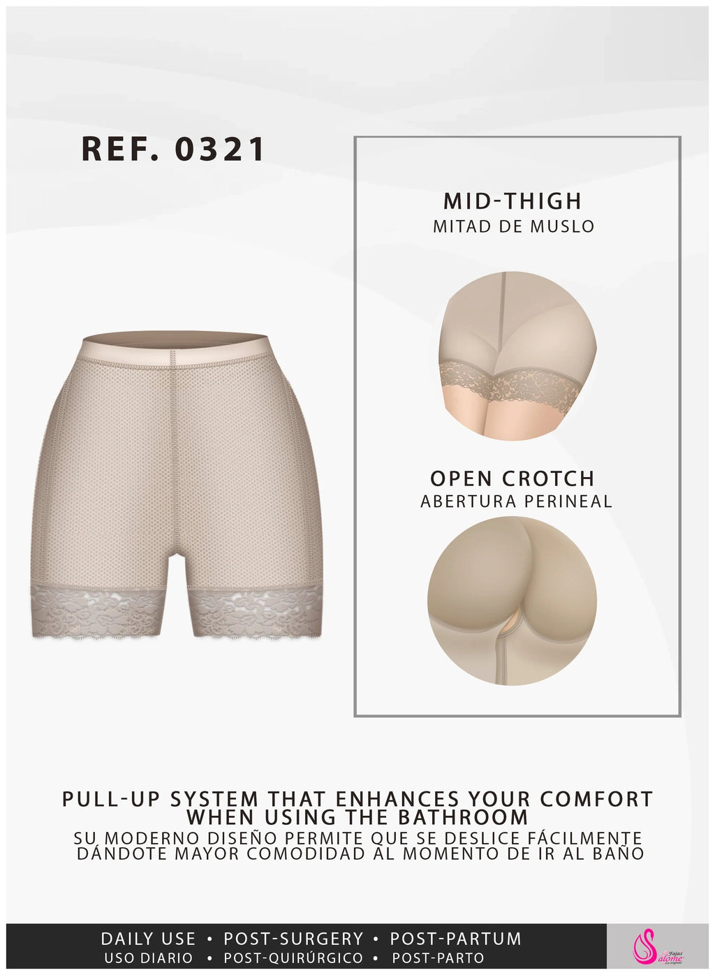 Beige high-waist shapewear shorts with mid-thigh length, open crotch, and pull-up system for comfort and ease of use