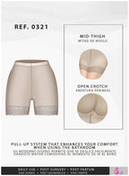 Beige high-waist shapewear shorts with mid-thigh length, open crotch, and pull-up system for comfort and ease of use