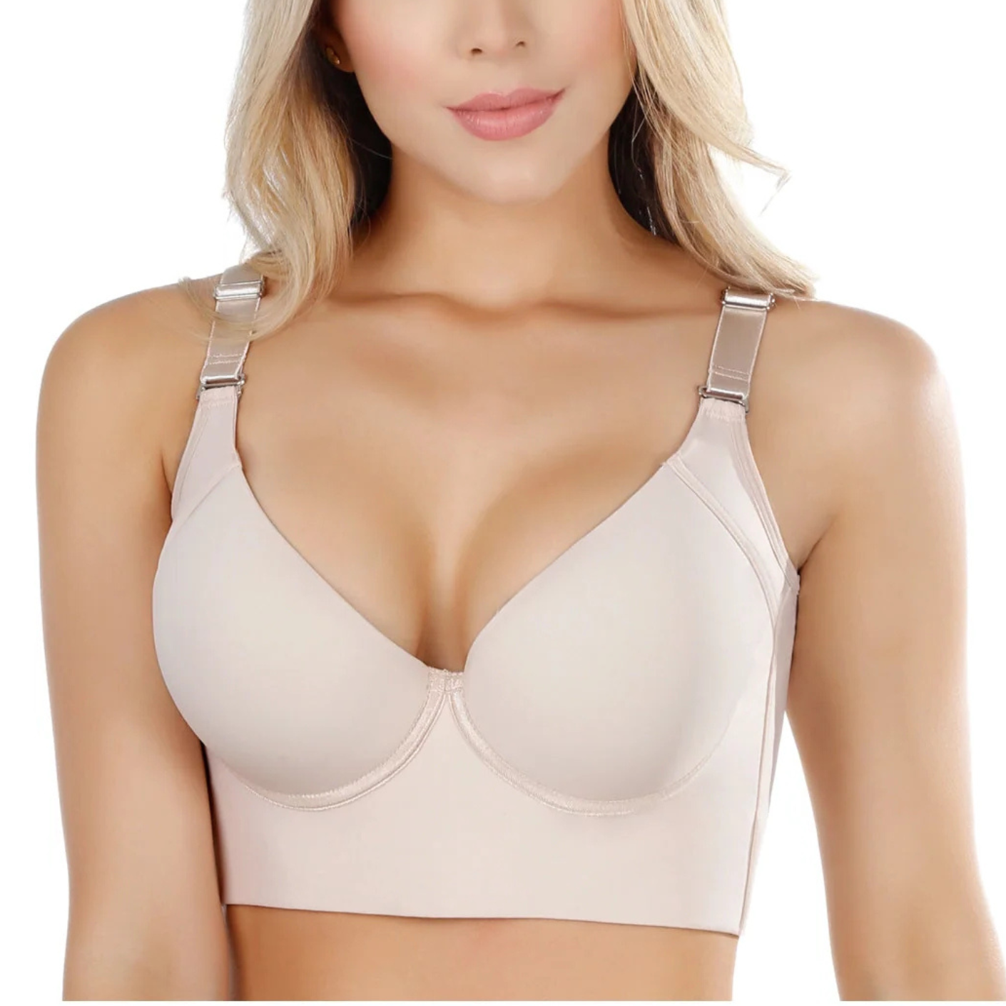 Beige bra worn by a model on a white background