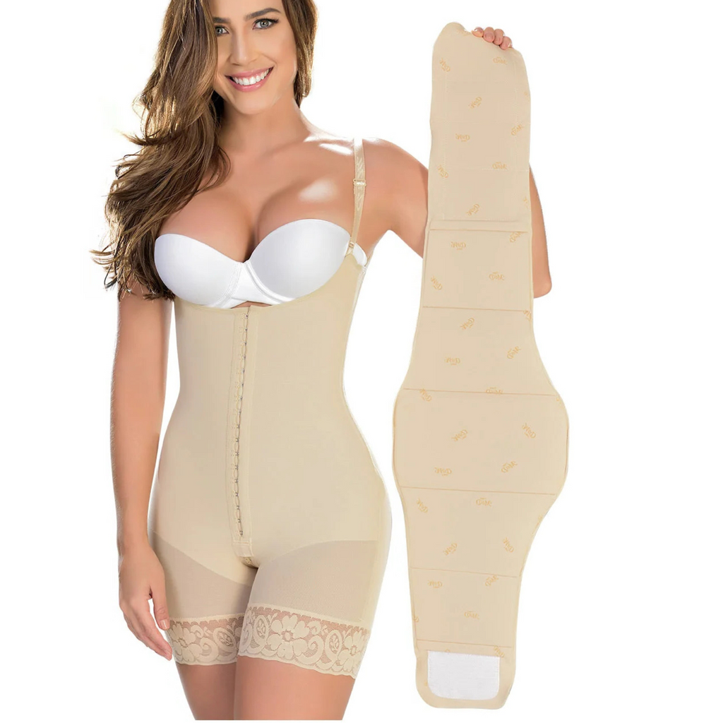Woman wearing a beige shapewear garment with a close-up of the garment on a white background.
