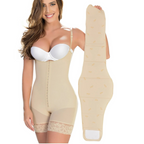Woman wearing a beige shapewear garment with a close-up of the garment on a white background.