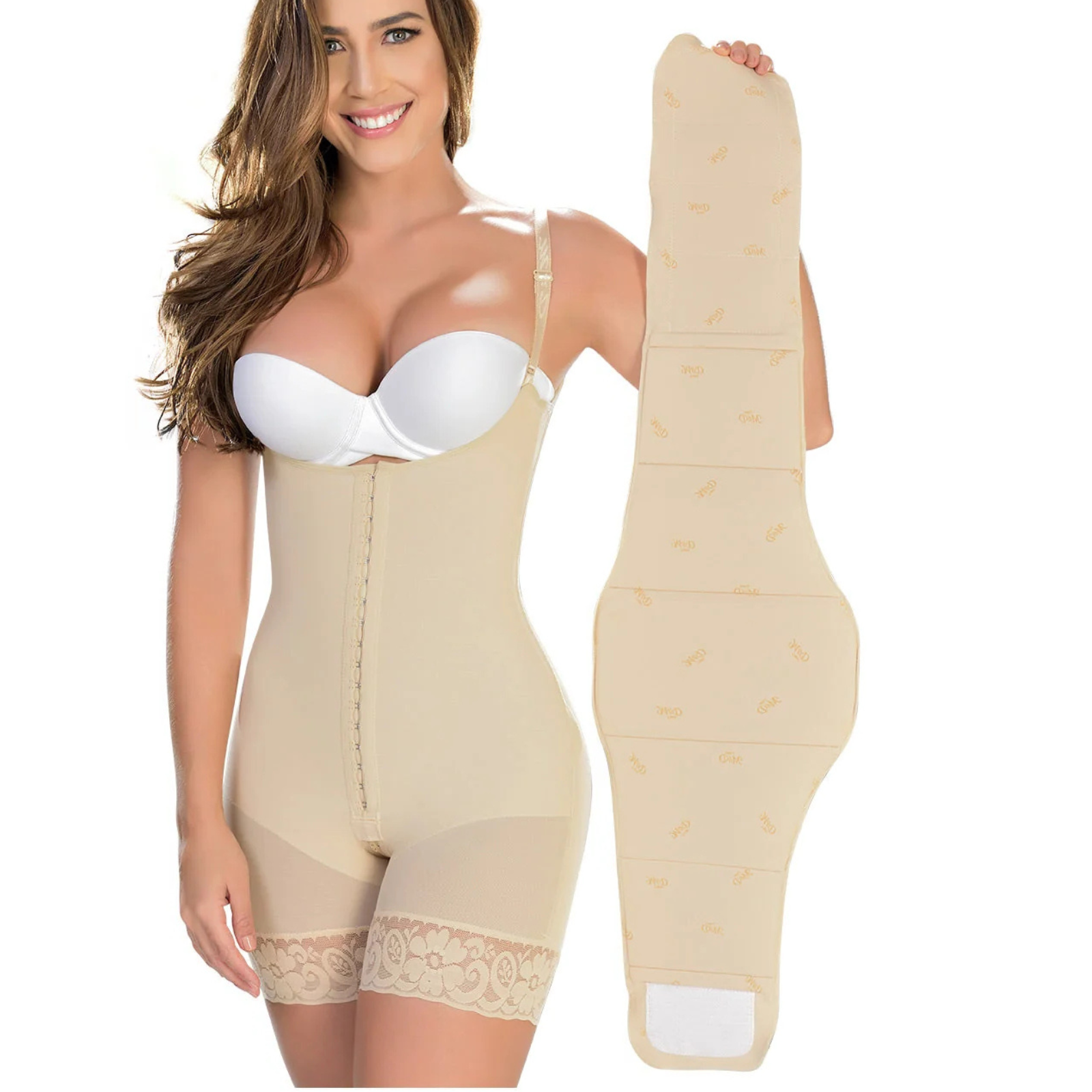 Woman wearing a beige shapewear garment with a close-up of the garment on a white background.