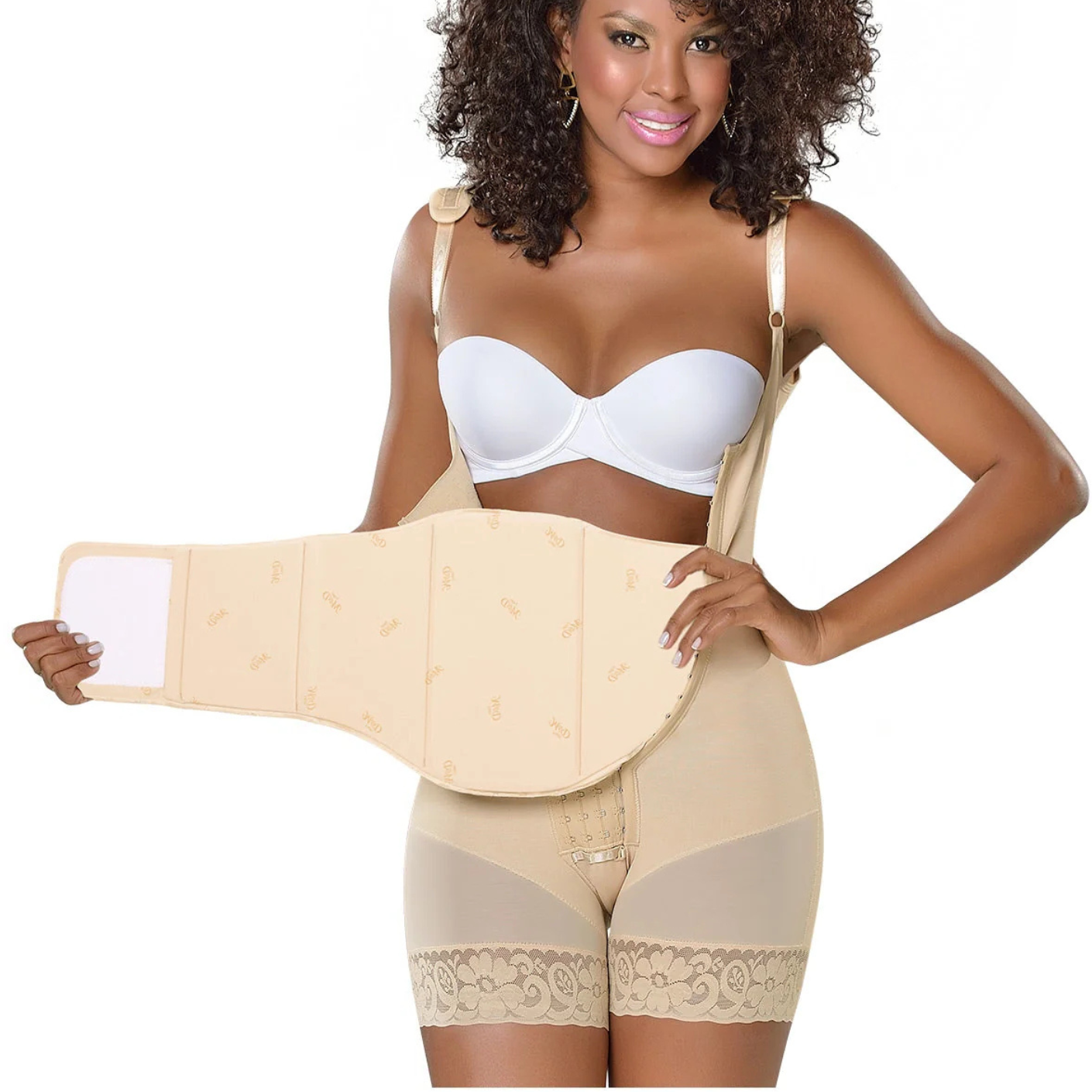 Woman wearing a beige shapewear garment on a white background