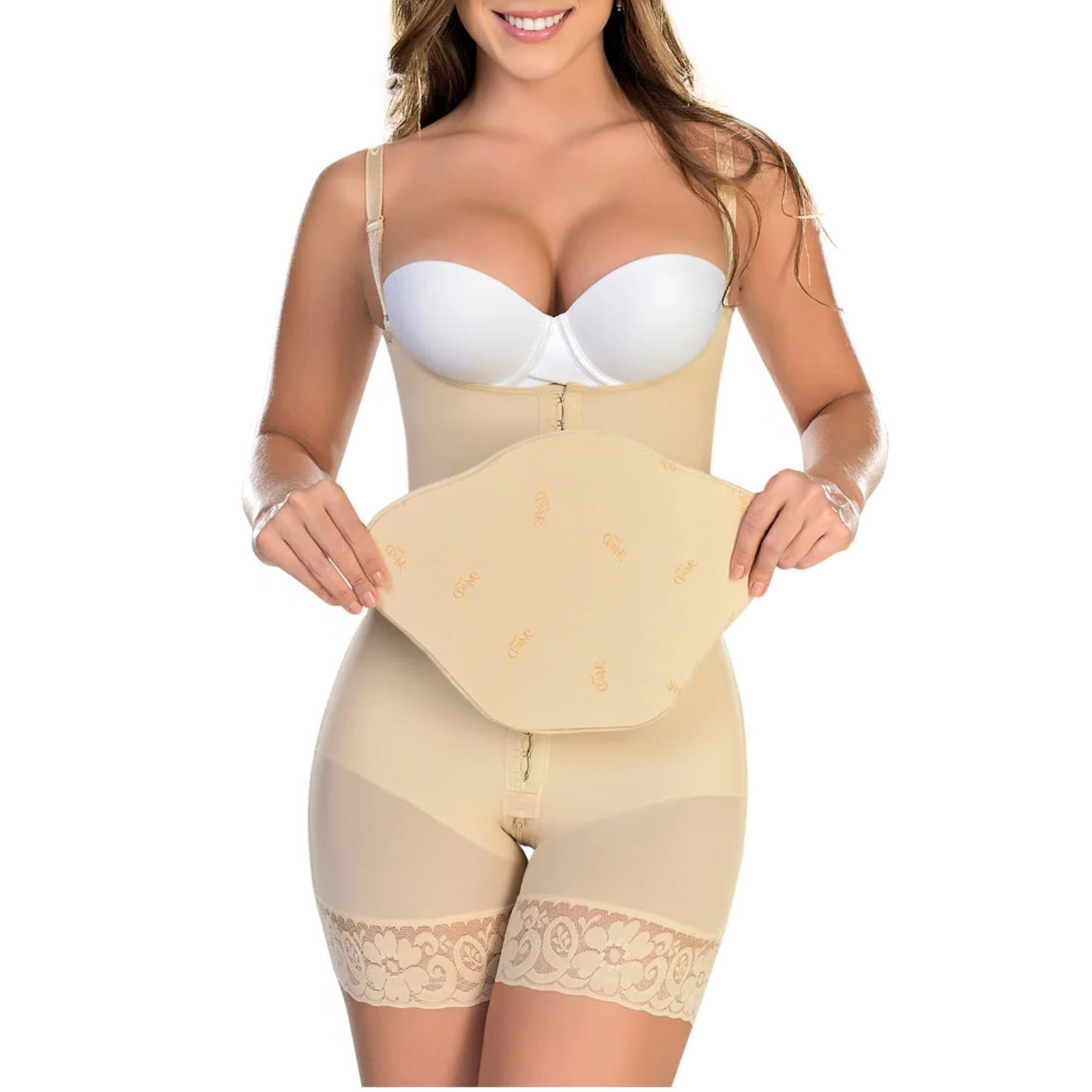 Woman wearing a beige shapewear garment on a white background