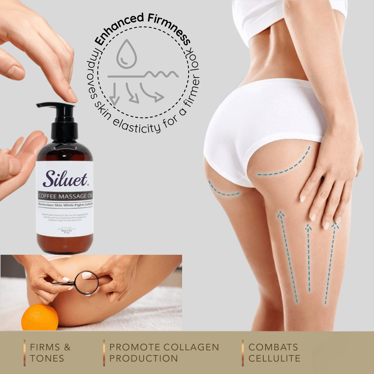 Siluet Coffee Massage Oil – Anti - Cellulite, Stretch Mark & Skin Firming (8 oz) - Colombian Shapewear | Siluets