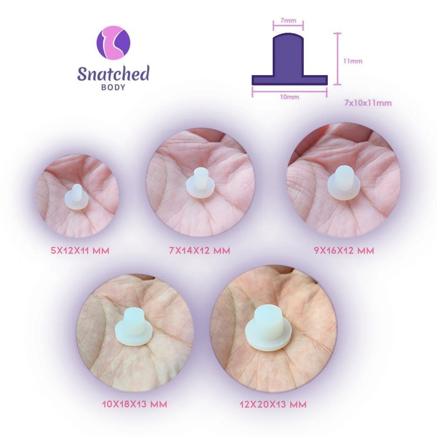 Silicone belly button plugs after surgery showing five sizes with measurements in millimeters