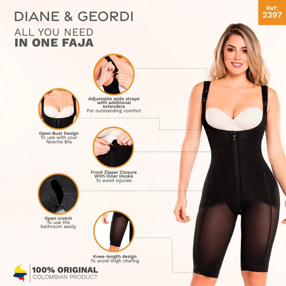 Diane & Geordi 2397 | Women's Butt Lifter Tummy Control Full Body Shaper | Knee Length Powernet - Colombian Shapewear