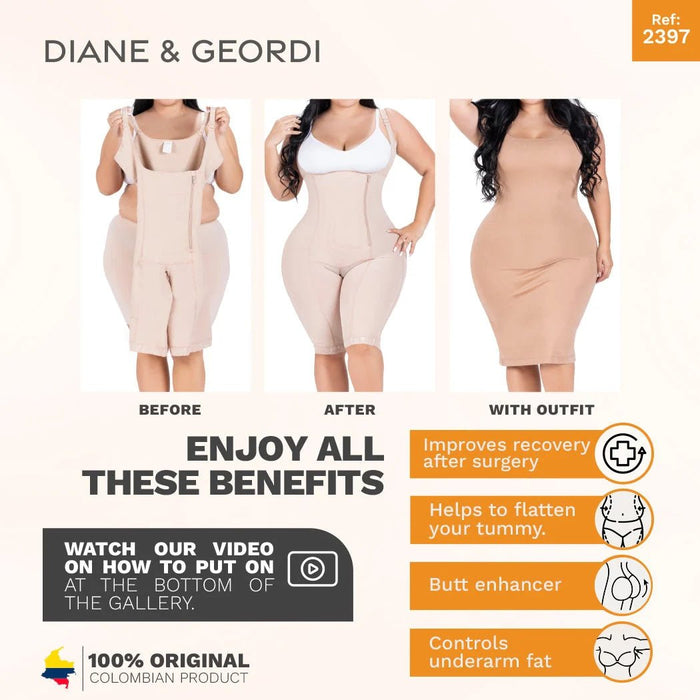 Diane & Geordi 2397 | Women's Butt Lifter Tummy Control Full Body Shaper | Knee Length Powernet - Colombian Shapewear | Siluets