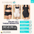 Product advertisement for a shapewear product with 'Before', 'After', and 'With Outfit' images, highlighting benefits.