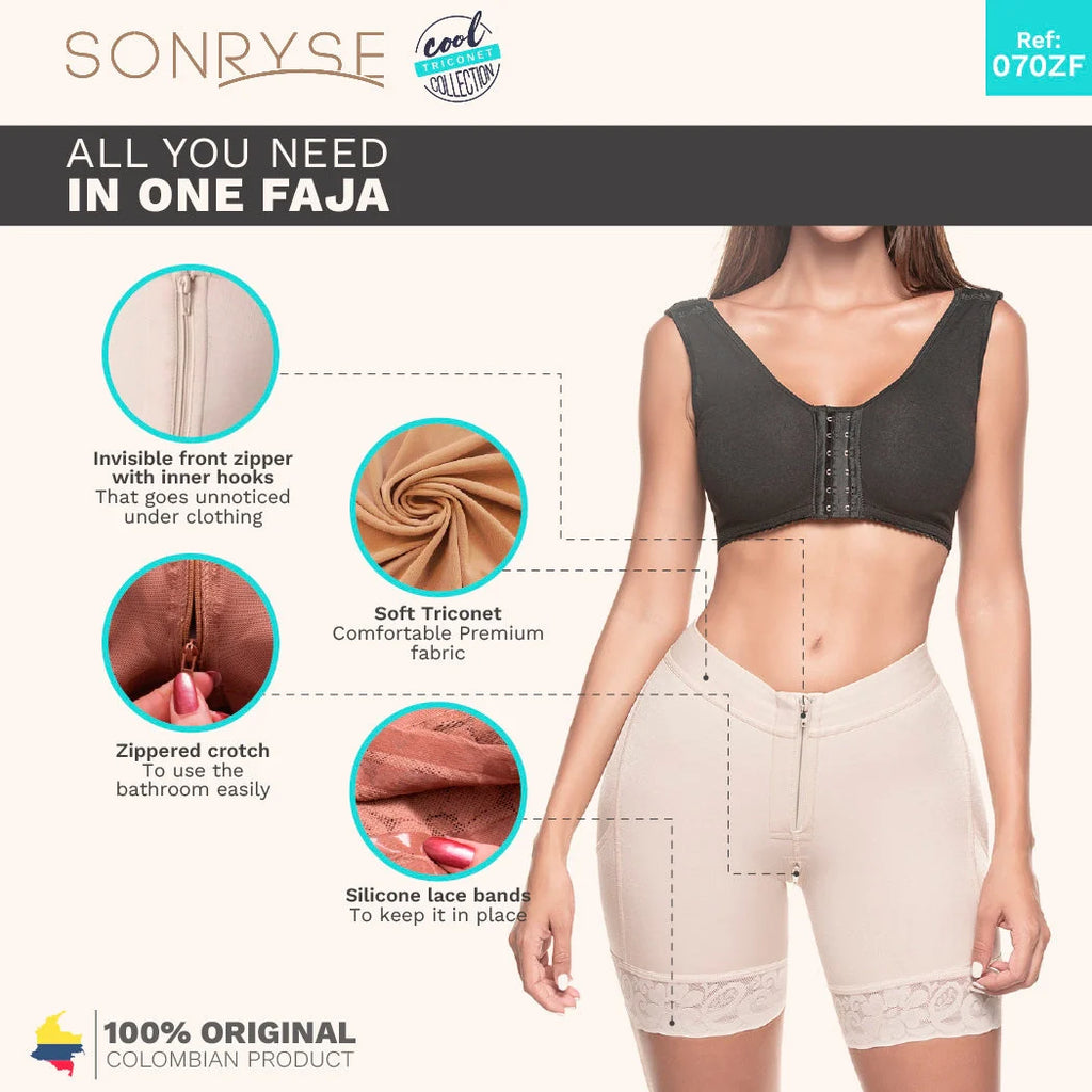 Product advertisement for a faja with features highlighted on a white background