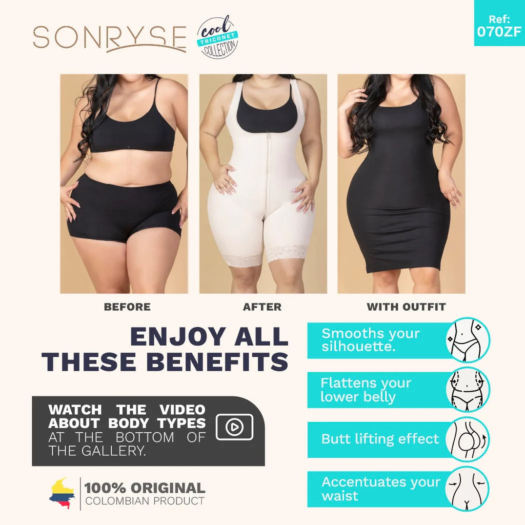 Advertisement for a body shaper product showing before, after, and with outfit images, along with text highlighting benefits.