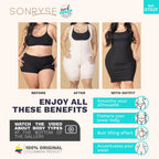 Advertisement for a body shaper product showing before, after, and with outfit images, along with text highlighting benefits.