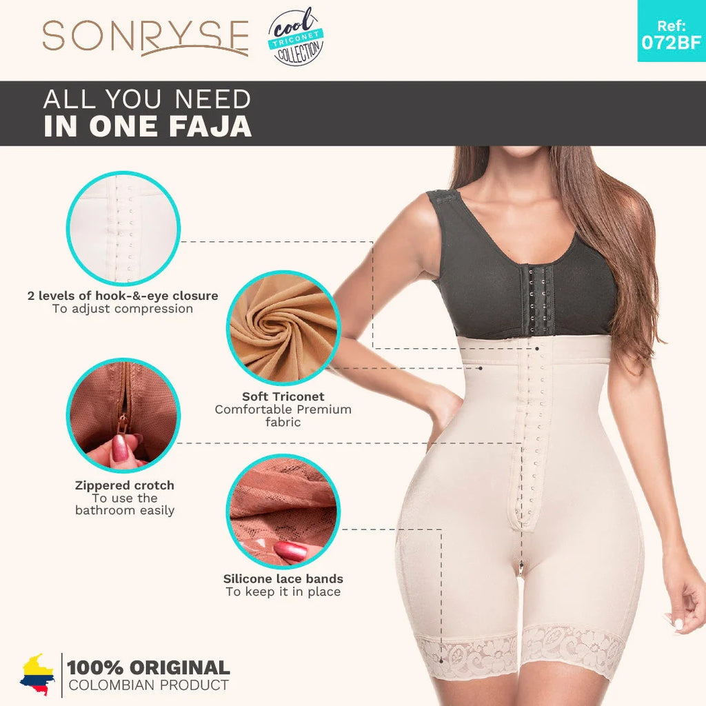 Woman wearing a faja with features highlighted on a white background, branded as Sonryse.
