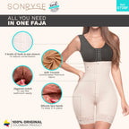 Woman wearing a faja with features highlighted on a white background, branded as Sonryse.