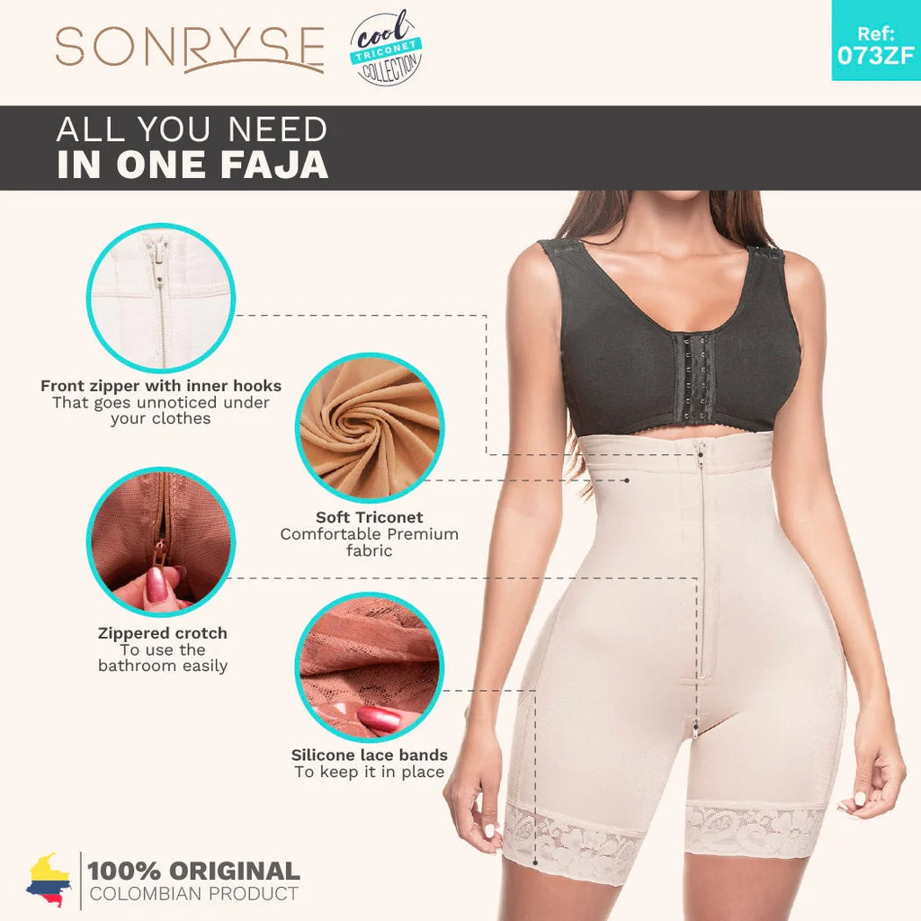 Woman wearing a faja with features highlighted on a white background, branded 'Sonryse'.