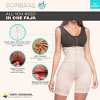 Woman wearing a faja with features highlighted on a white background, branded 'Sonryse'.