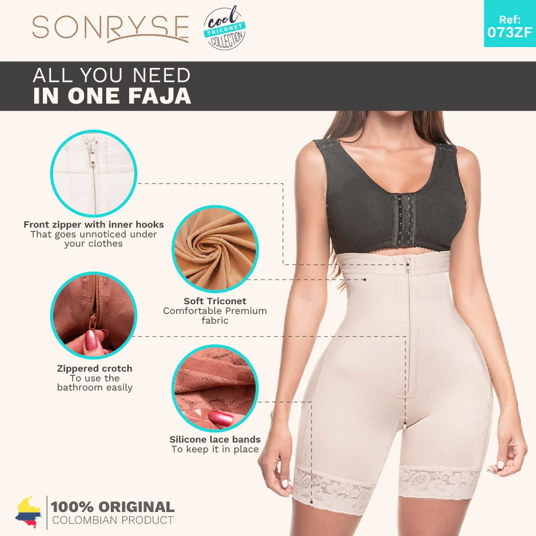 Woman wearing a faja with features highlighted on a white background, branded 'Sonryse'.