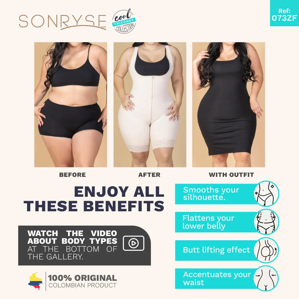 Advertisement for a shapewear product showing before and after effects on a model.