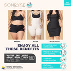 Advertisement for a shapewear product showing before, after, and with outfit images of a woman wearing a black shapewear garment.