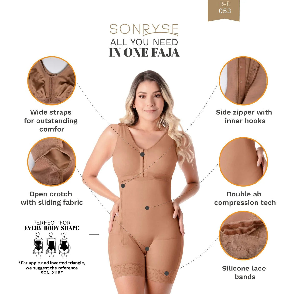SONRYSE 053 | Colombian Mid - Thigh Post - Op Girdle with Built - in Bra | Postpartum Shapewear | Powernet - Colombian Shapewear | Siluets