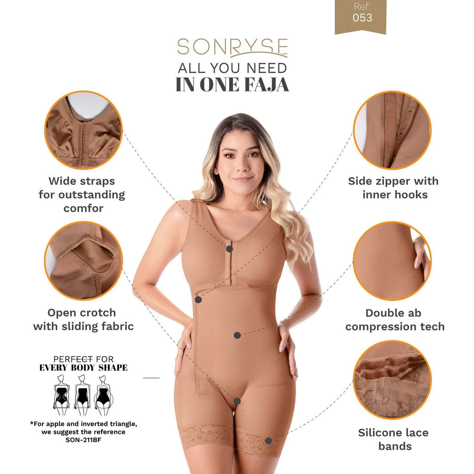 SONRYSE 053 | Colombian Mid - Thigh Post - Op Girdle with Built - in Bra | Postpartum Shapewear | Powernet - Colombian Shapewear | Siluets