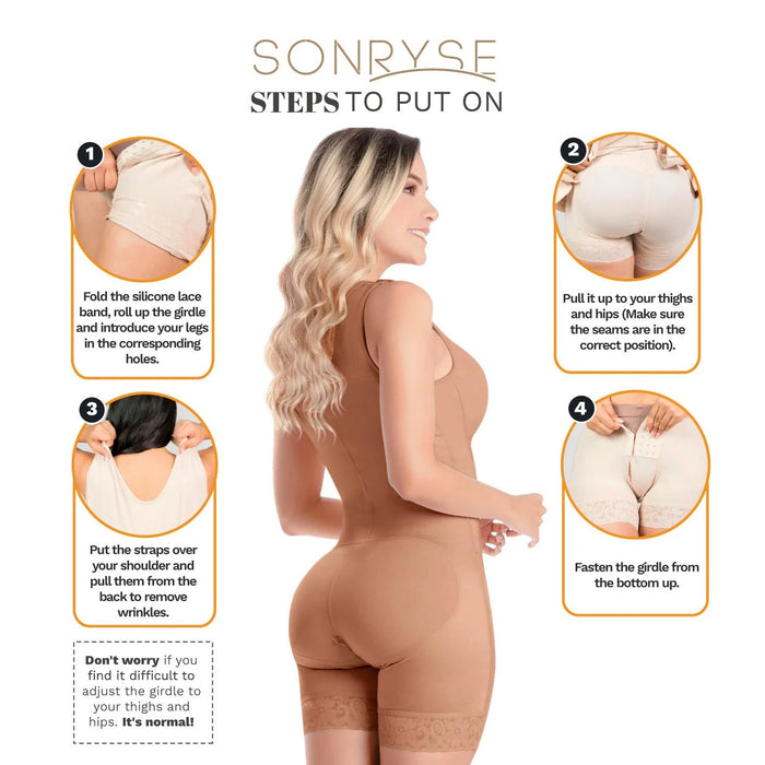 SONRYSE 053 | Colombian Mid - Thigh Post - Op Girdle with Built - in Bra | Postpartum Shapewear | Powernet - Colombian Shapewear | Siluets