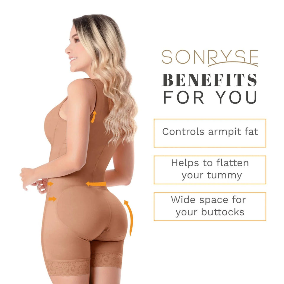 SONRYSE 053 | Colombian Mid - Thigh Post - Op Girdle with Built - in Bra | Postpartum Shapewear | Powernet - Colombian Shapewear | Siluets