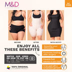 Advertisement for M&D body shaper showing before, after, and with outfit benefits.