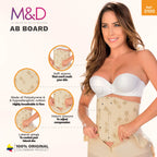 Woman wearing an ab board with M&D branding and product features highlighted.