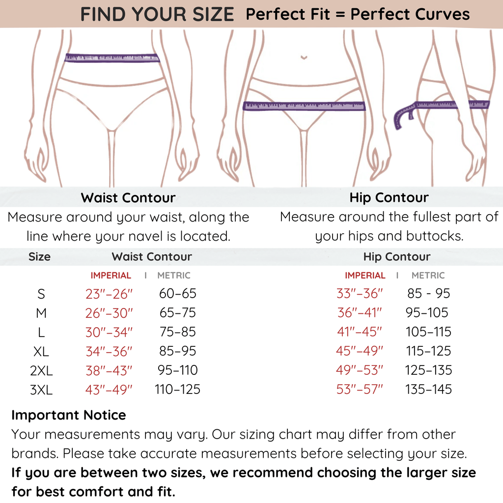 Sizing chart for waist and hip measurements with illustrations of body contours.